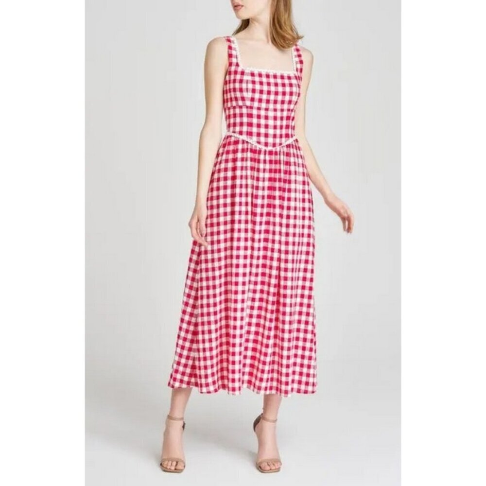 πWAYF x Styled Coco!π Gracie Gingham Linen-Blend Midi Dress Red Gingham XL NWT - Picture 7 of 16